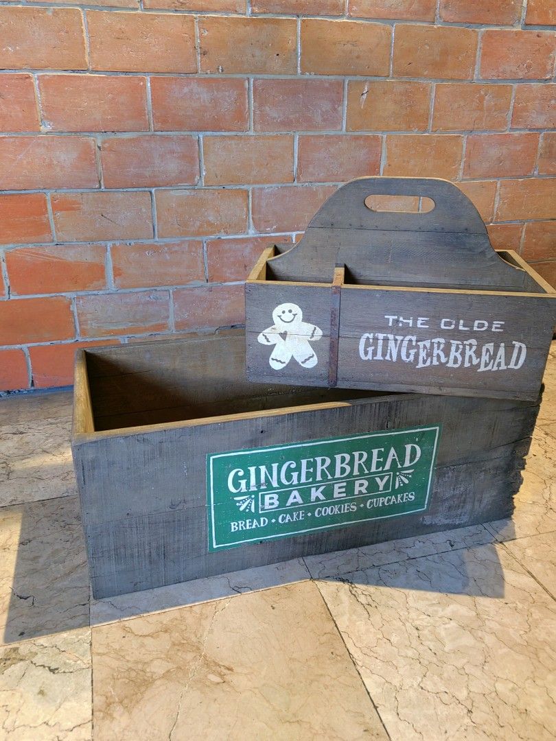 Vintage Gingerbread Bakery Boxes (Category: Storage Boxes & Baskets) located in Manila. Submitted by sinaunang_gamit (Listing ID 1212662821, Image 1). Description: Vintage Gingerbread Bakery Boxes Good Display for your Resto coffee shop etc. box 2ft length Take both for 3k only.