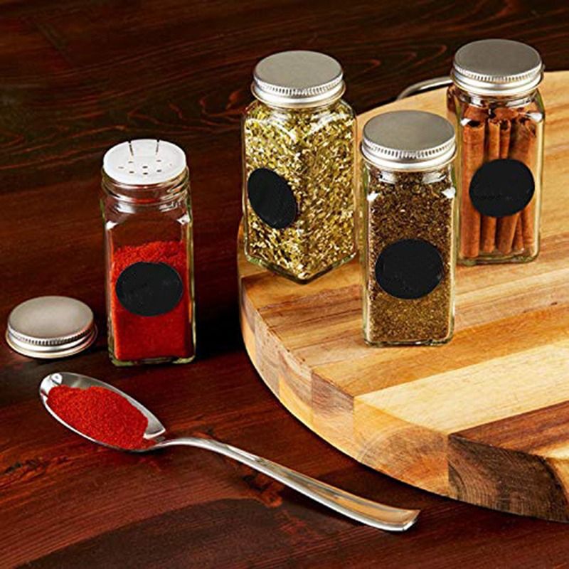 12Pcs Glass Spice Jars with Labels - Square Spice Bottles Containers,  Condiment Pot - Shaker Lids and Wooden lid - Silicone Collapsible Funnel