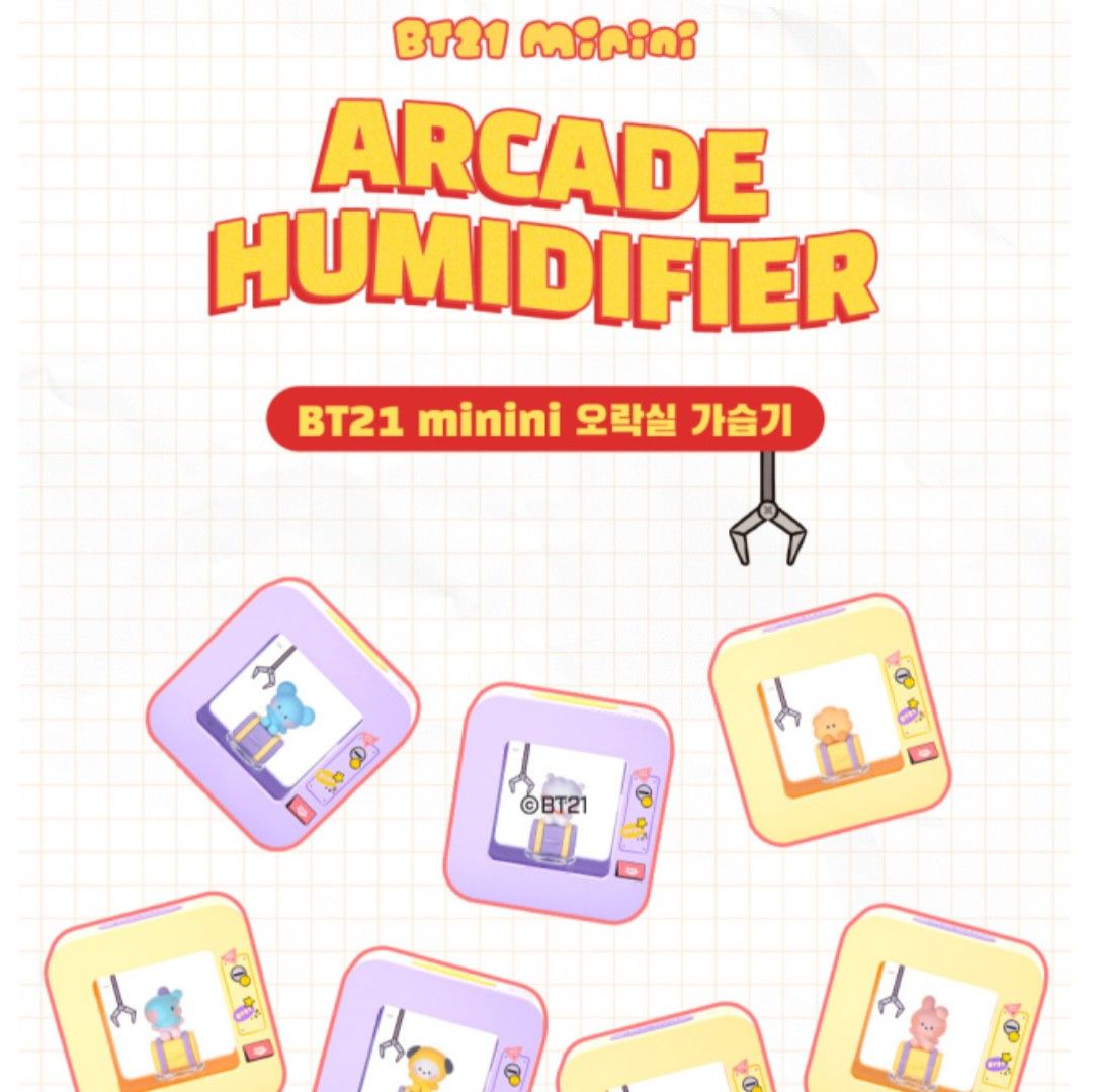 BT21 Mini Arcade Humidifier (Category: Designer & Blind Box Toys) located in Cainta. Submitted by shopchelonline (Listing ID 1214458149, Image 1). Description: BT21 Mini Arcade Humidifier 🛒2,570.00 each(all in) + LSF 💎Pre-order 💎Korea Pasabuy 💎Colors may vary due to lighting. 💎Availability and price may vary 💎The outer case/box is simply for protecting goods. (Damages such as scratches, discoloration on the case/box or manufacturing defect 