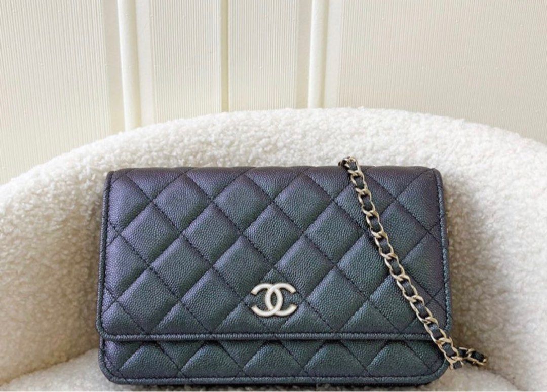 CHANEL Iridescent Metallic Pearly Blue Caviar Classic WOC Wallet On Chain  Bag