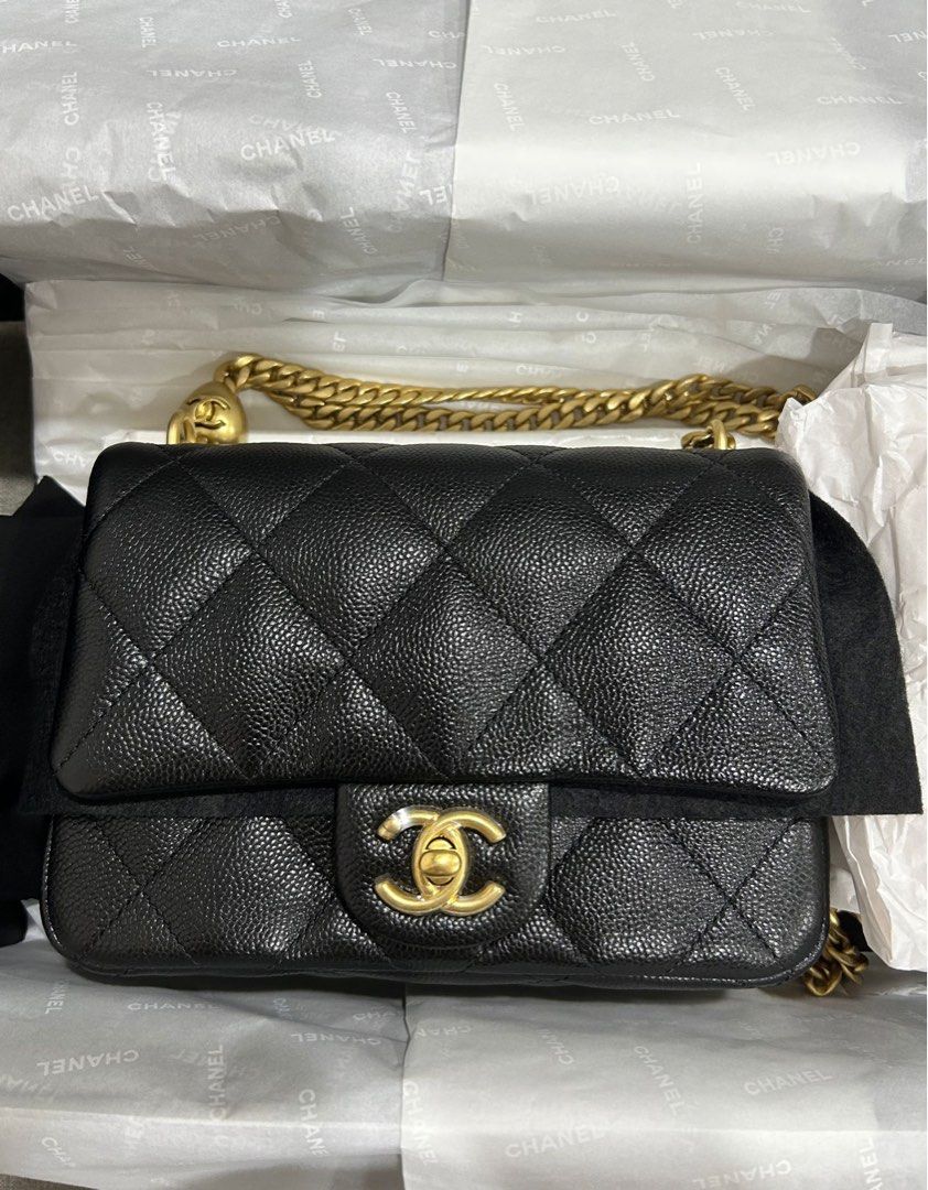 CHANEL 23P Black Heart Crush Mini Flap Caviar AGHW 20cm, Luxury, Bags ...