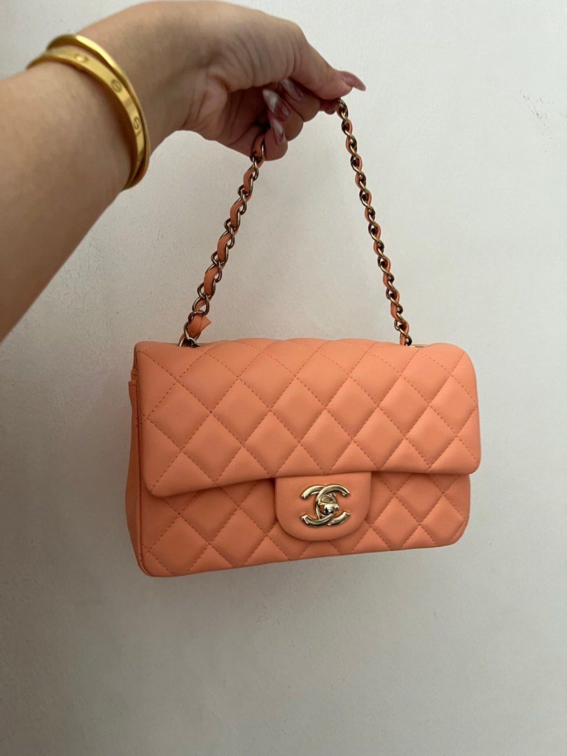 New Chanel 22C mini rectangle rectangular bag classic flap gold hardware  lghw pink peach beige light orange lambskin leather handbag purse logo coral