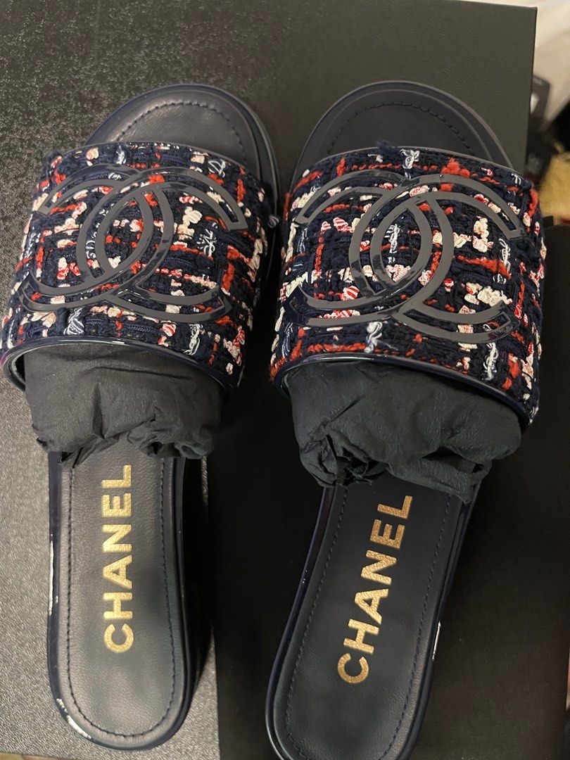 Chanel tweed slippers royal blue red tweed