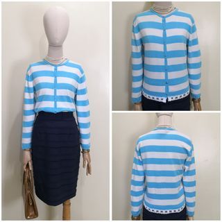 CL139 - Oscar dela Renta I2Y Nov 2013 Stretchable Blue and White Stripes Buttoned Cardigan - Selling Very Low - Clearance Sale