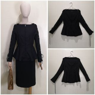CL141 - Iliad Black Avant-garde-ish Stretchable Bluish Black Long Sleeves Peplum Top with Grommets and Cable Tie Accent