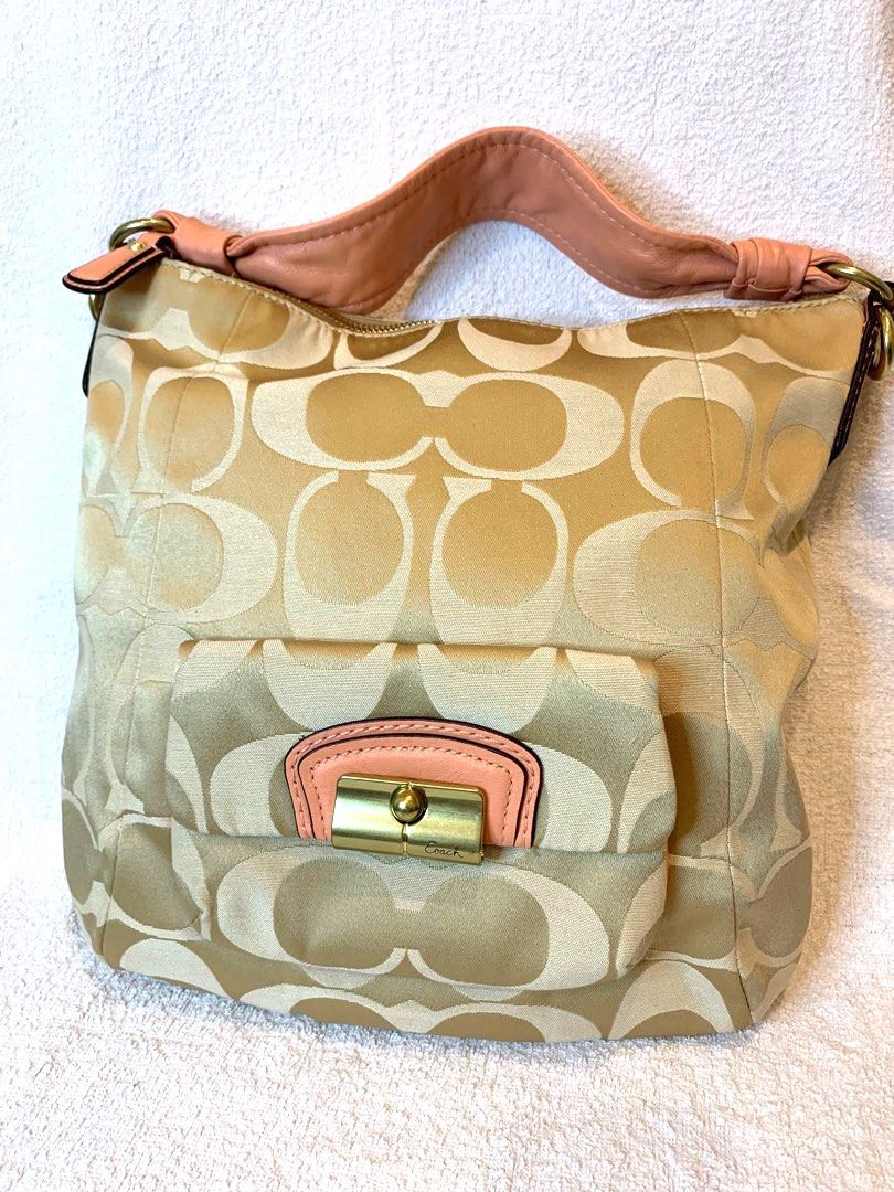 Coach Kristin Hobo Beige Peach Canvas Leather C030