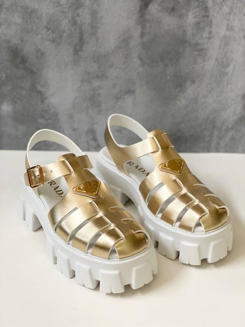 Fast Sale Limited Stock Super Best Seller, New, Prada Rubber Foam  Sandal In White Gold Leather, sz :, 35 ), 37 ), 38 ),  39,