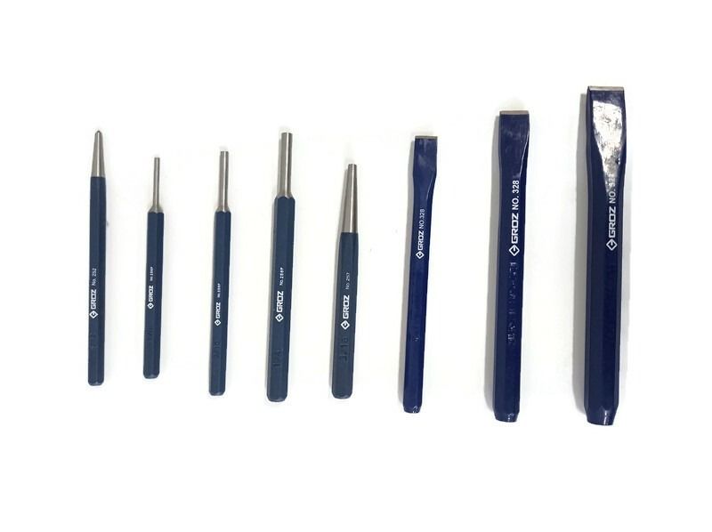 Groz 8pc. Punch & Chisel Set KIT/8/ST (Category: Home Improvement Tools & Accessories) located in Manila. Submitted by yaleph (Listing ID 1214397196, Image 2). Description: ● Authentic 8pc. Punch & Chisel Set ● Contents: (Note on Size: Blade wiidth x body size x Overall Length) ○ 3pc. Octagonal Cold Chisel: Size: 13x11x150mm, 16x13x163mm & 19x16x175mm ○ 1pc. H.D. Center Punch: Size: 4x10x125 ○ 3pc. H.D. Pin Punches: Size: 3x8x119mm, 5x8x132mm & 6