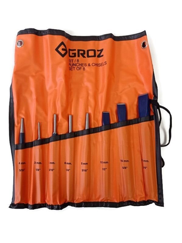 Groz 8pc. Punch & Chisel Set KIT/8/ST (Category: Home Improvement Tools & Accessories) located in Manila. Submitted by yaleph (Listing ID 1214397196, Image 1). Description: ● Authentic 8pc. Punch & Chisel Set ● Contents: (Note on Size: Blade wiidth x body size x Overall Length) ○ 3pc. Octagonal Cold Chisel: Size: 13x11x150mm, 16x13x163mm & 19x16x175mm ○ 1pc. H.D. Center Punch: Size: 4x10x125 ○ 3pc. H.D. Pin Punches: Size: 3x8x119mm, 5x8x132mm & 6