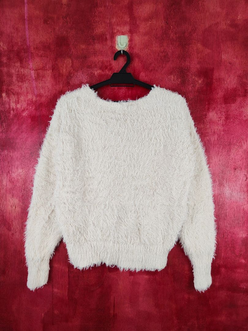 GU White Shag Shaggy Fur Mohair Knitwear Sweater Women s Fashion