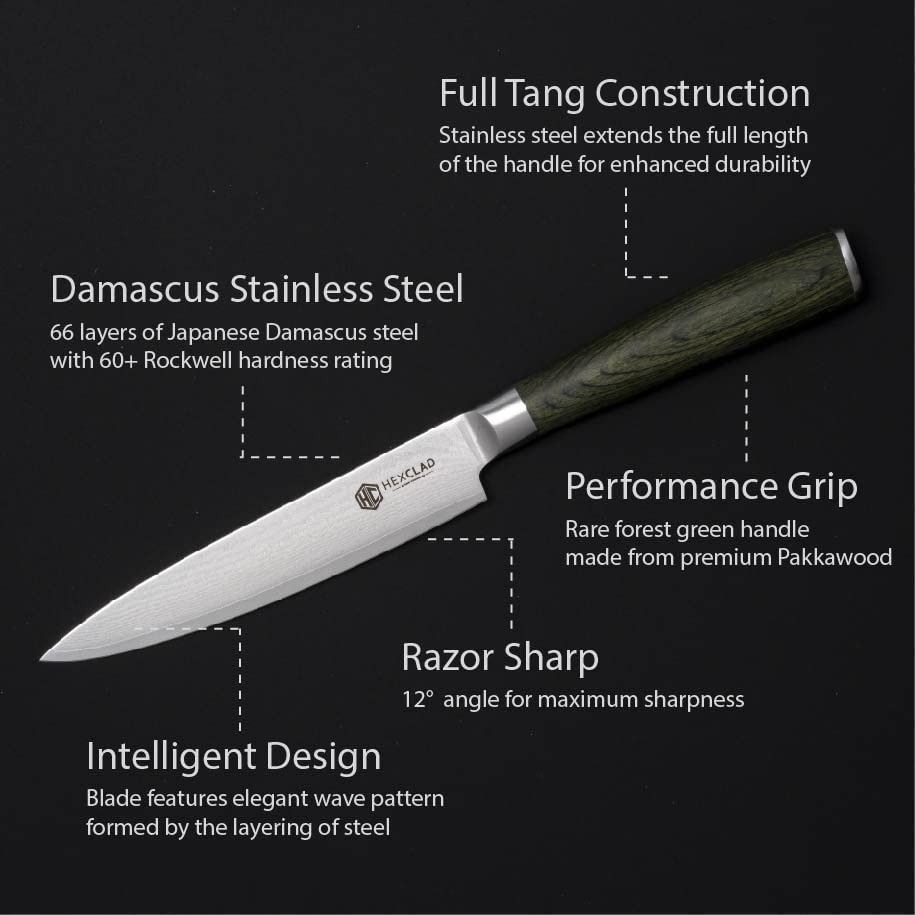 HexClad Essential Knife Set, 6-Piece, Japanese Damascus Stainless Steel  Blades, Full Tang Construction, Pakkawood Handles