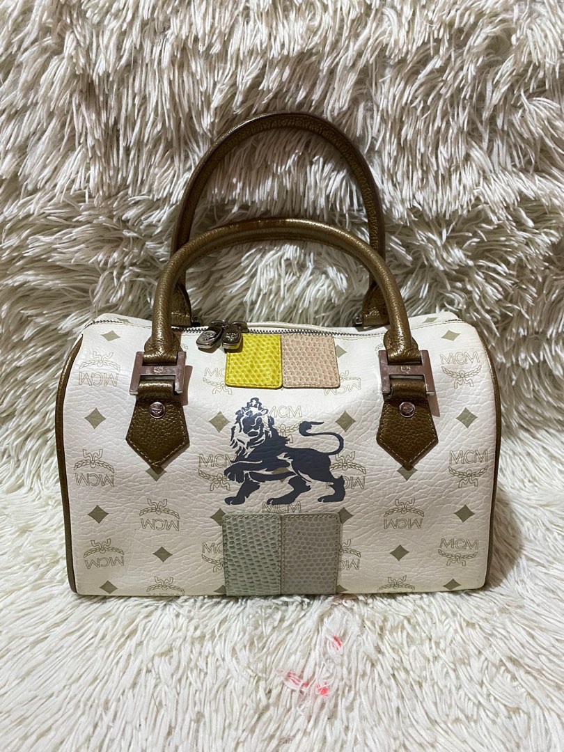 MCM Visetos Lion Princess Boston Bag - White Handle Bags, Handbags