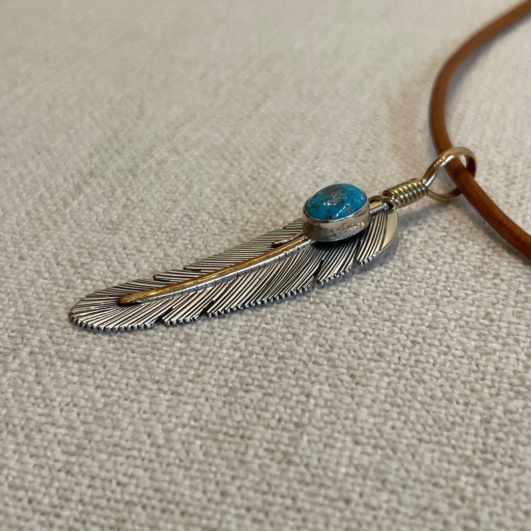 (NEW) Mace Harvey Silver/ Turquoise Feather Pendant (real navajo