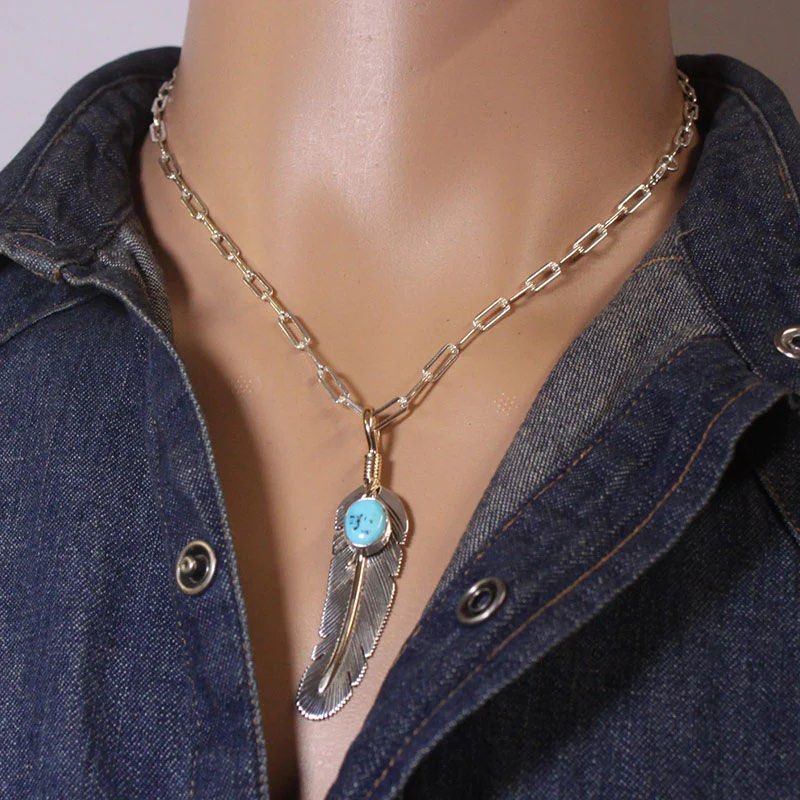 (NEW) Mace Harvey Silver/ Turquoise Feather Pendant (real navajo