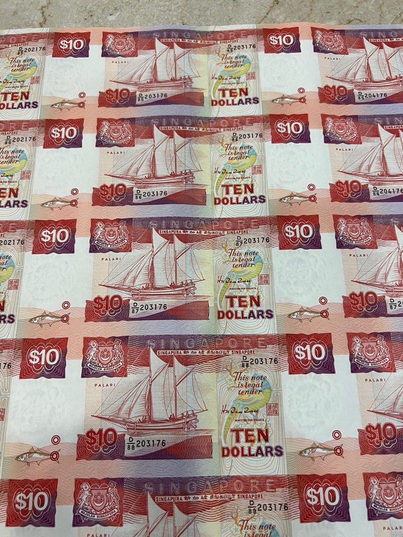 old notes (Category: Currency) located in Singapore. Submitted by bossclubwatchesgallery (Listing ID 1214498237, Image 2). Description: Brand new $10 uncut old notes Limited set $10 ..40 in 1 Offer now $8888.