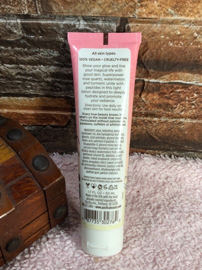PACIFICA Crystal Youth Gem Infused Face Lotion (Category: Face Care) located in Las Pinas. Submitted by calliahscorner (Listing ID 1214488982, Image 2). Description: A lotion moisturizer that ranks high on dermal fibers and skin tone. It has Palmitoyl Tripeptide-5, Acetyl Hexapeptide-8, and Curcuma Longa Root Extract that reduce the signs of aging, reduce wrinkles and reduce inflammation. TEXTURE Lotion HIGHLIGHTS Vegan, Cruelty Free BENEFITS Moi
