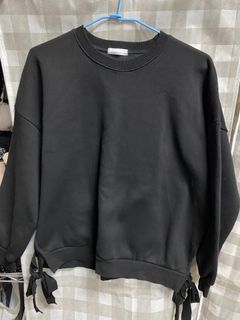QueenShop韓製兩側開衩綁帶內刷毛大學T-黑