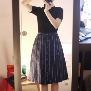 Reformation Navy Blue Striped Midi Skirt Linen