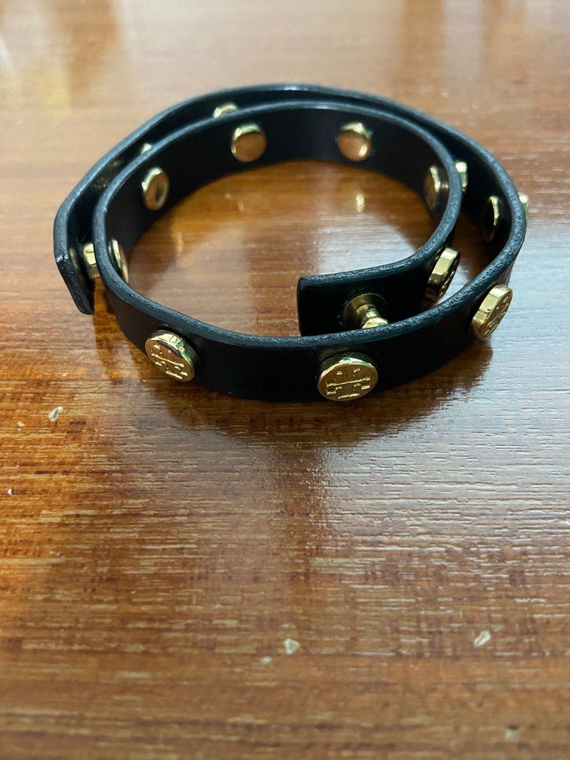 Tory Burch Miller Black Leather Bracelet in White | Lyst