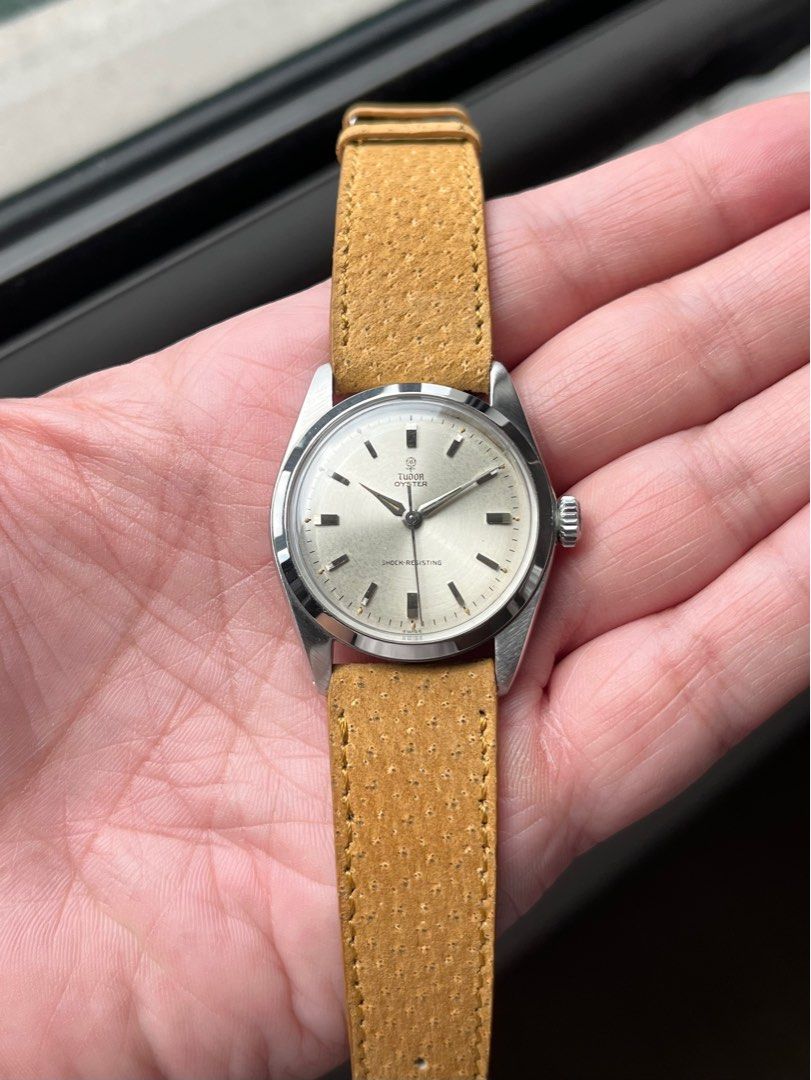Tudor Oyster 7934 Small Rose (Category: Luxury Watches) located in Quezon City. Submitted by thechronikr (Listing ID 1214384947, Image 1). Description: 1964 Tudor Oyster 7934 Small Rose Manual winding movement Circular brushed dial. All lume plots intact. Dial is immaculate. All lume plots intact. Normal caseback surface scratches and light strap change marks behind the lugs. Comes with a buttery soft Italian strap. Negotiable for SURE buyers. Fe