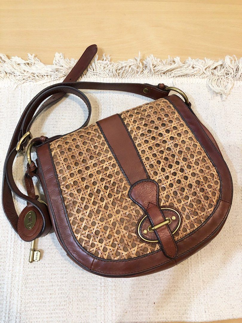 Vintage Fossil Rattan Leather crossbody bag, Women's Fashion, Bags