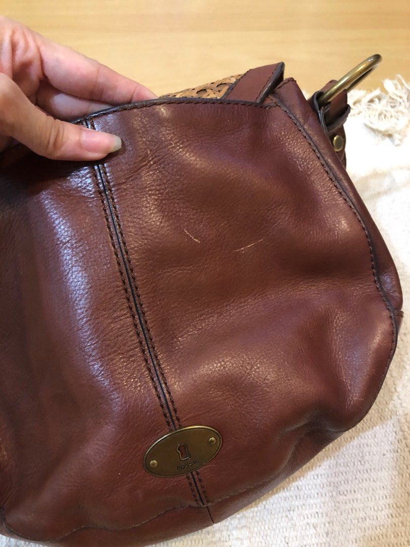 Vintage Fossil Rattan Leather crossbody bag, Women's Fashion, Bags