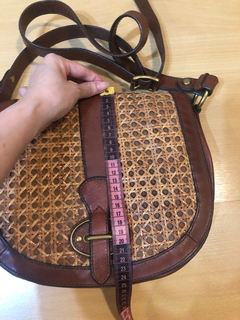 Vintage Fossil Rattan Leather crossbody bag, Women's Fashion, Bags