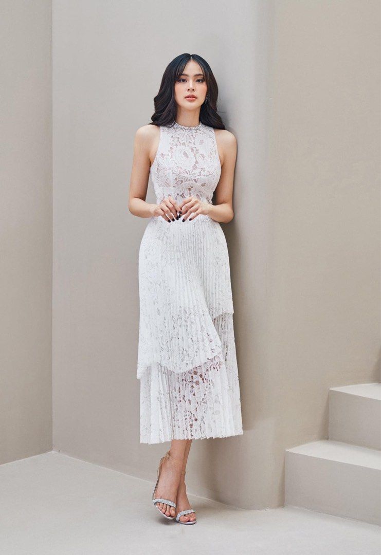White Asymmetrical Pleated Drape Lace Layered / Tiered Embellished ...