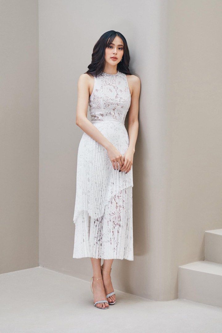 White Asymmetrical Pleated Drape Lace Layered / Tiered Embellished Dress,  Women's Fashion, Dresses & Sets, Dresses on Carousell