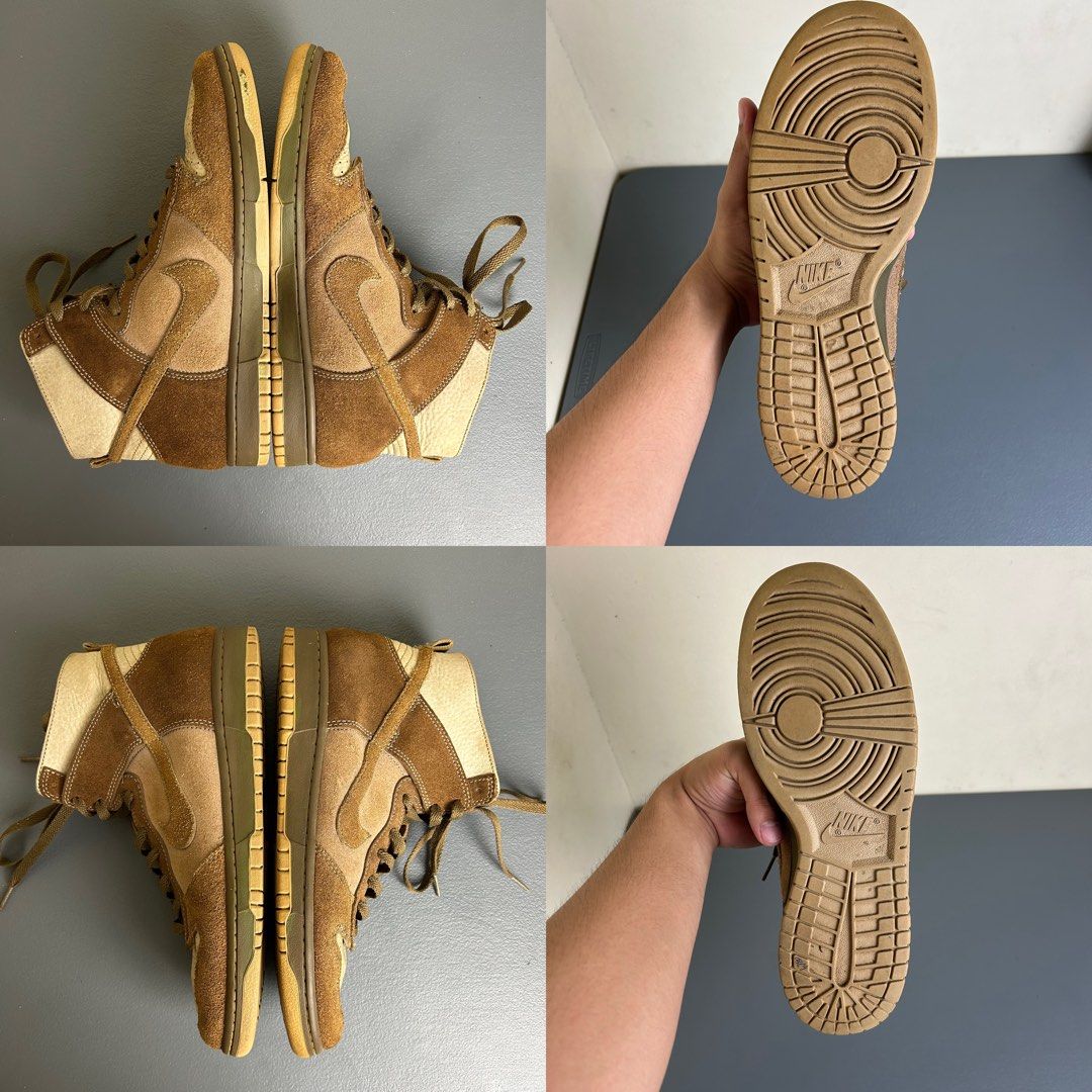 2005 Nike Dunk High No Liner Wheat (Category: Sneakers) located in Sariaya. Submitted by s0m31one (Listing ID 1214621225, Image 2). Description: 2005 Nike Dunk High No Liner Wheat Size: 10.5 US/28.5 CM 8.5/10 Signs of wear and usage. Needs cleaning. Scratch. Minor heel drags. Sole sep due to age. Star loss. 3,500+SF Buy at your own risk. Color may vary due to lighting. Manage your expectation..