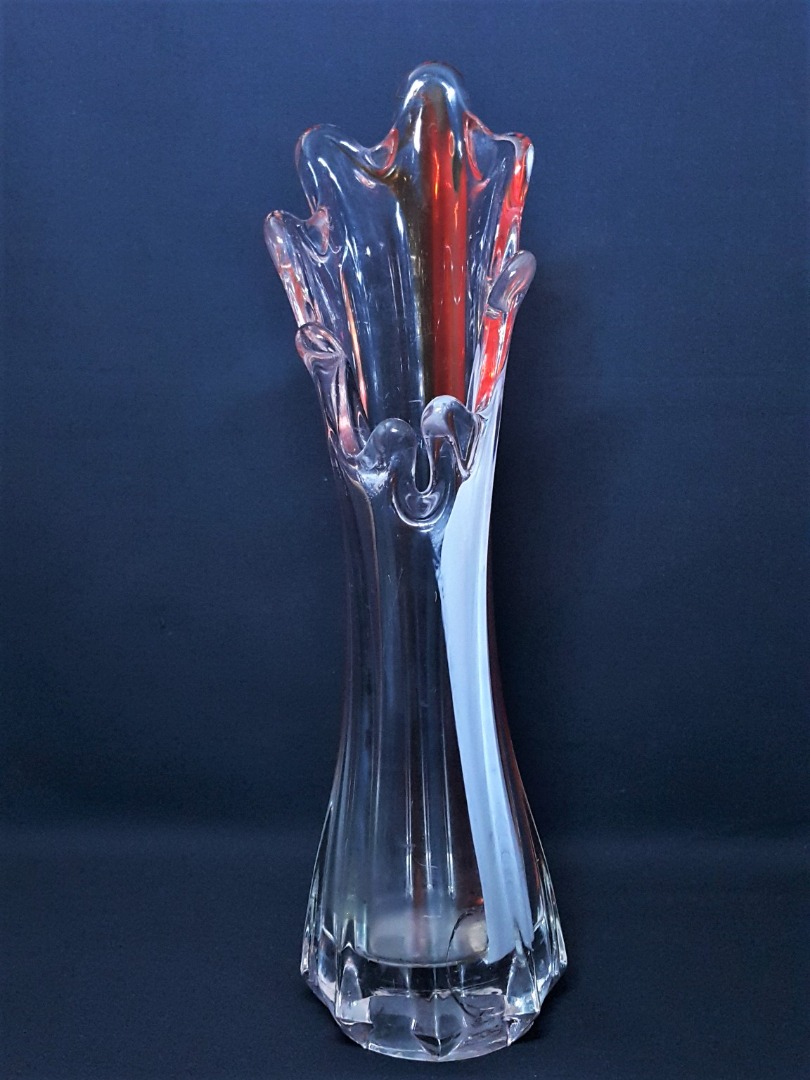 早期老台灣60年代普普風透明紅白料手工拉花五爪玻璃花瓶花器Vintage
