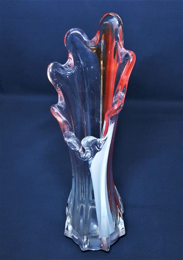 早期老台灣 60年代普普風透明紅白料手工拉花五爪玻璃花瓶 花器 Vintage 懷舊 復古 擺飾 花藝 道具100048
