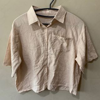杏色立領短袖襯衫