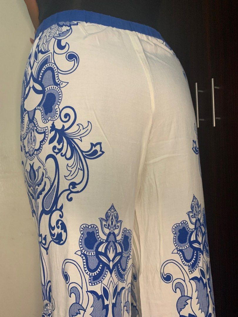 Blue and White Drawstring Floral Beach Square Pants / Wide Leg