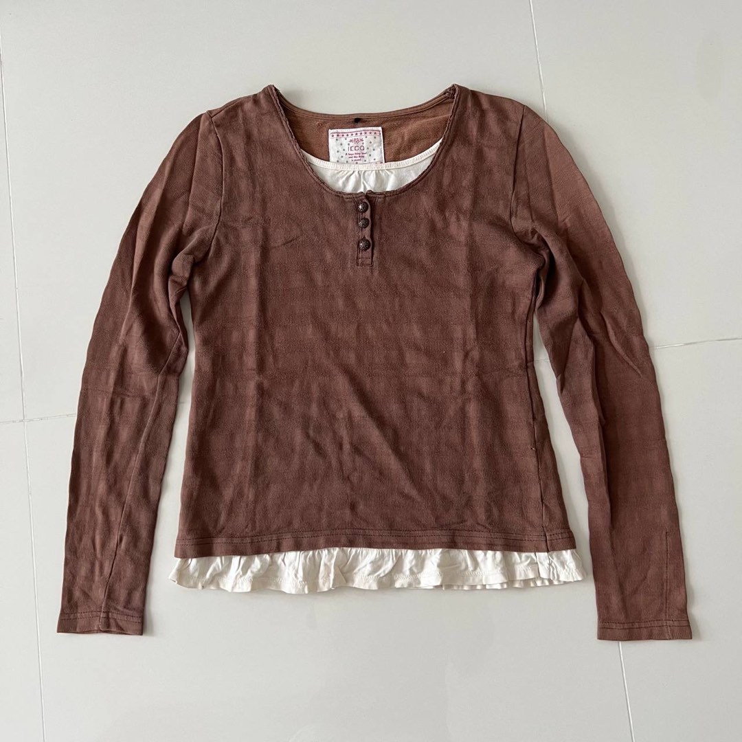 brown long sleeve top y2k henley cottagecore fairycore, Women's Fashion ...