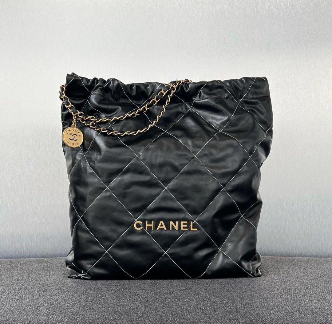 Chanel 22 Tote Large Calfskin Black White Stitch Ghw, Luxury, Bags