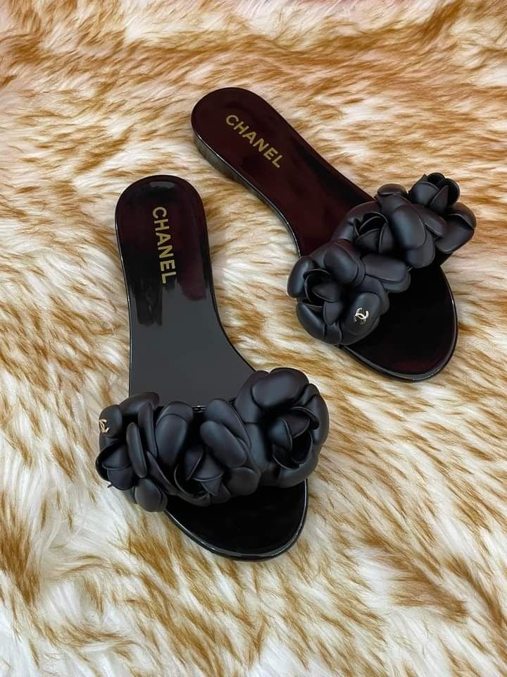 Chanel Camellia Jelly Slides Black Size 35 Luxury Sneakers Footwear on Carousell