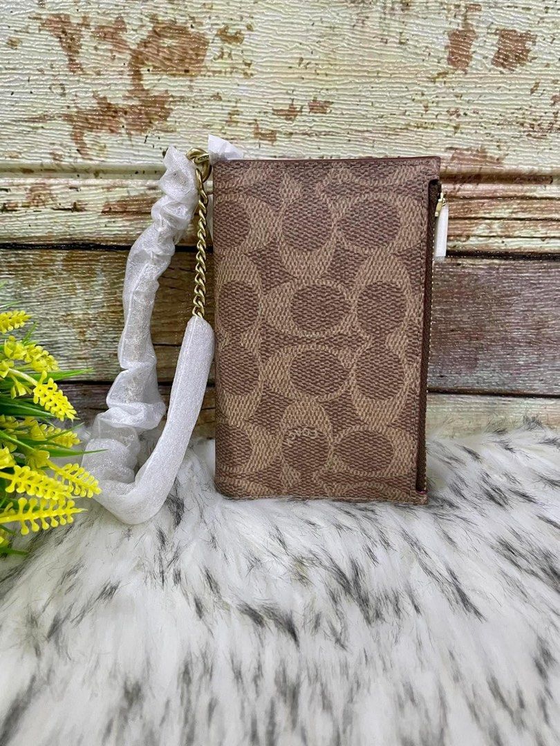 Coach Zip Chain Card Case In Signature Canvas Rust (Retail), Women's