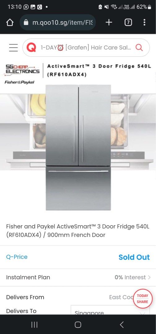 FISHER & PAYKEL 3 Door Fridge 540L RF610ADX4 H 1790 W 900 D 695