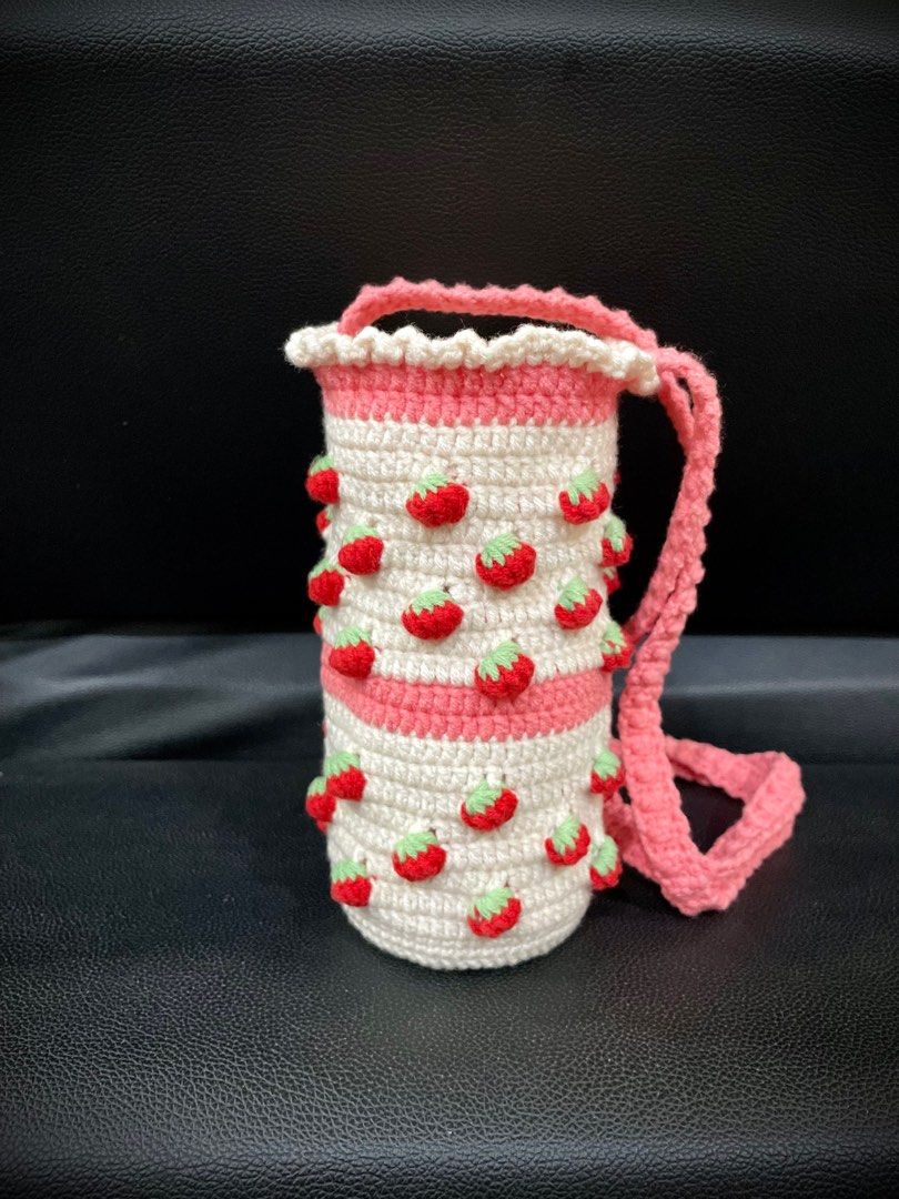 Crochet Strawberry Water Bottle Carrier With Keychain Handmade