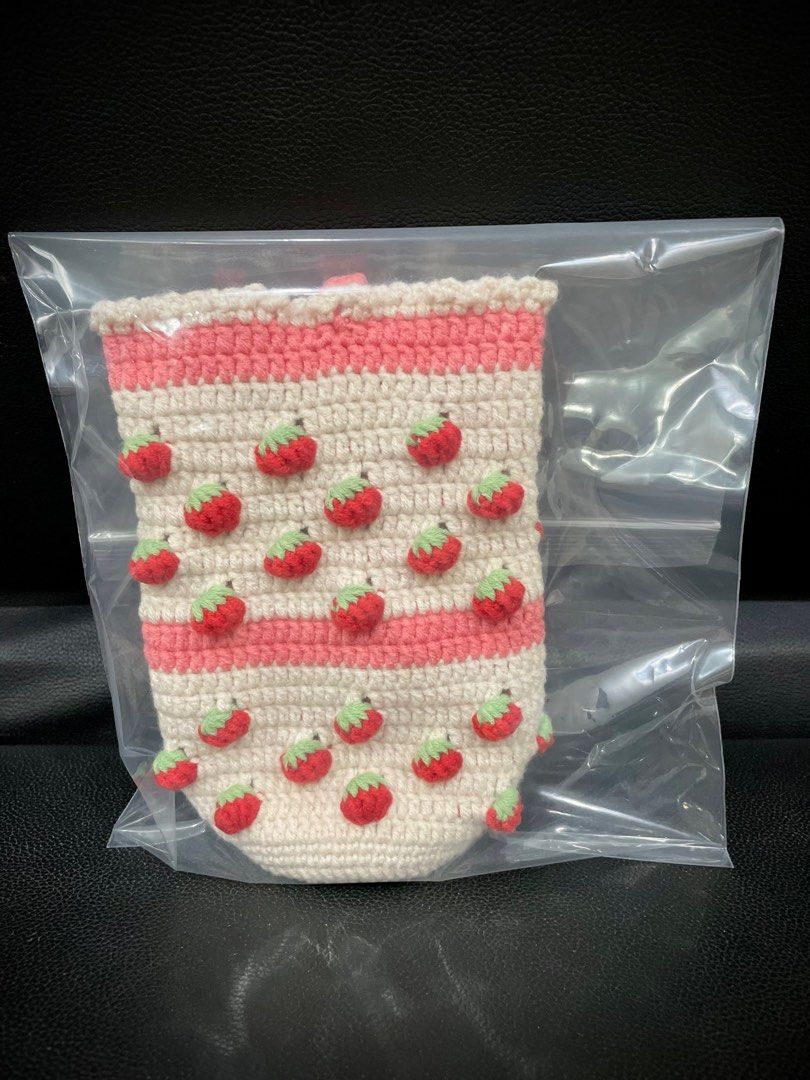 Crochet Strawberry Water Bottle Carrier With Keychain Handmade