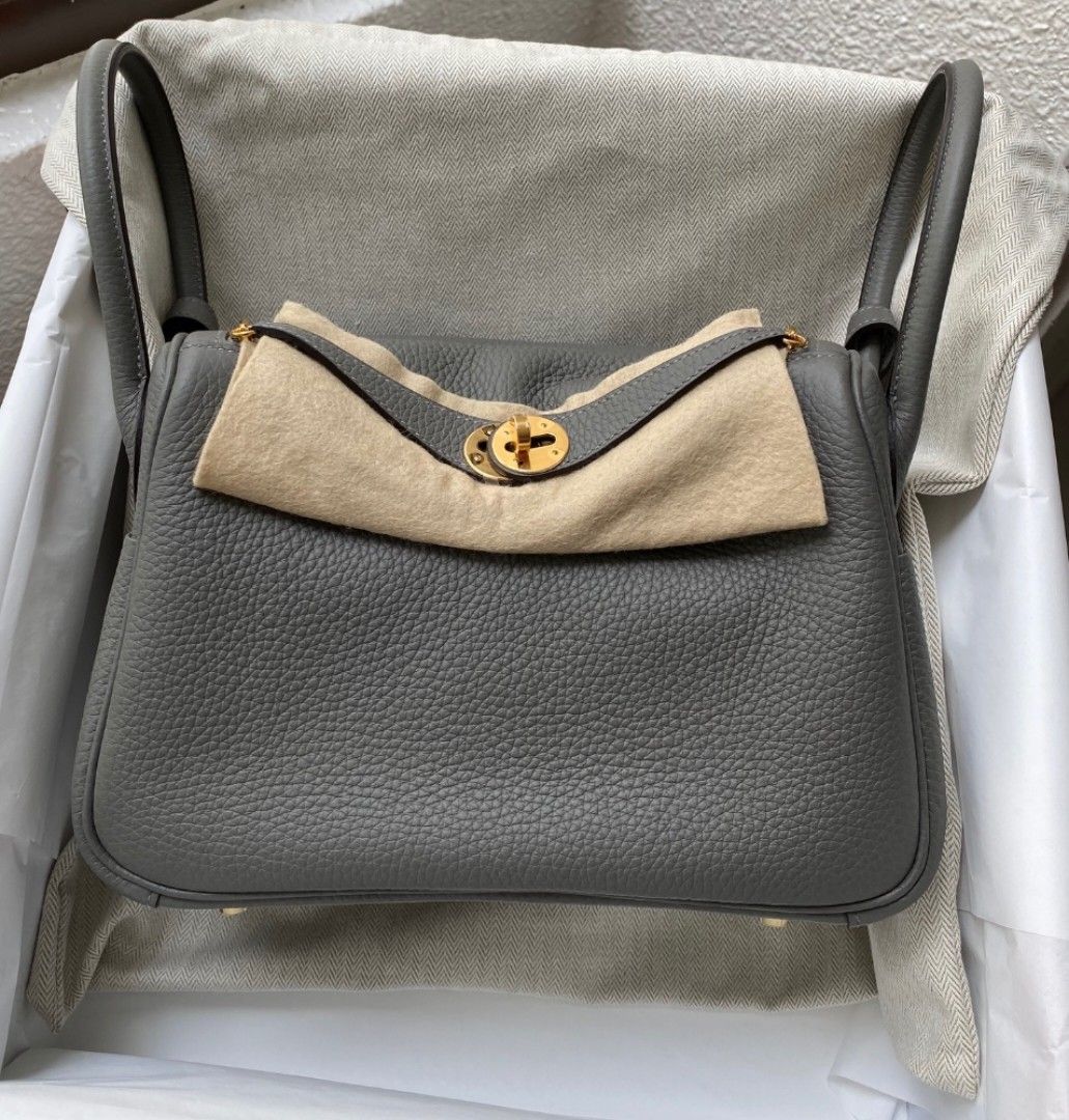 Authentic Hermes 2022 Gris Meyer Mini Lindy 20 Clemence Gold Hardware