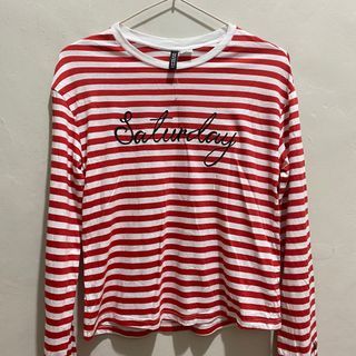 H&M Divided Embroidered Saturday Red Striped Cotton Long Sleeves