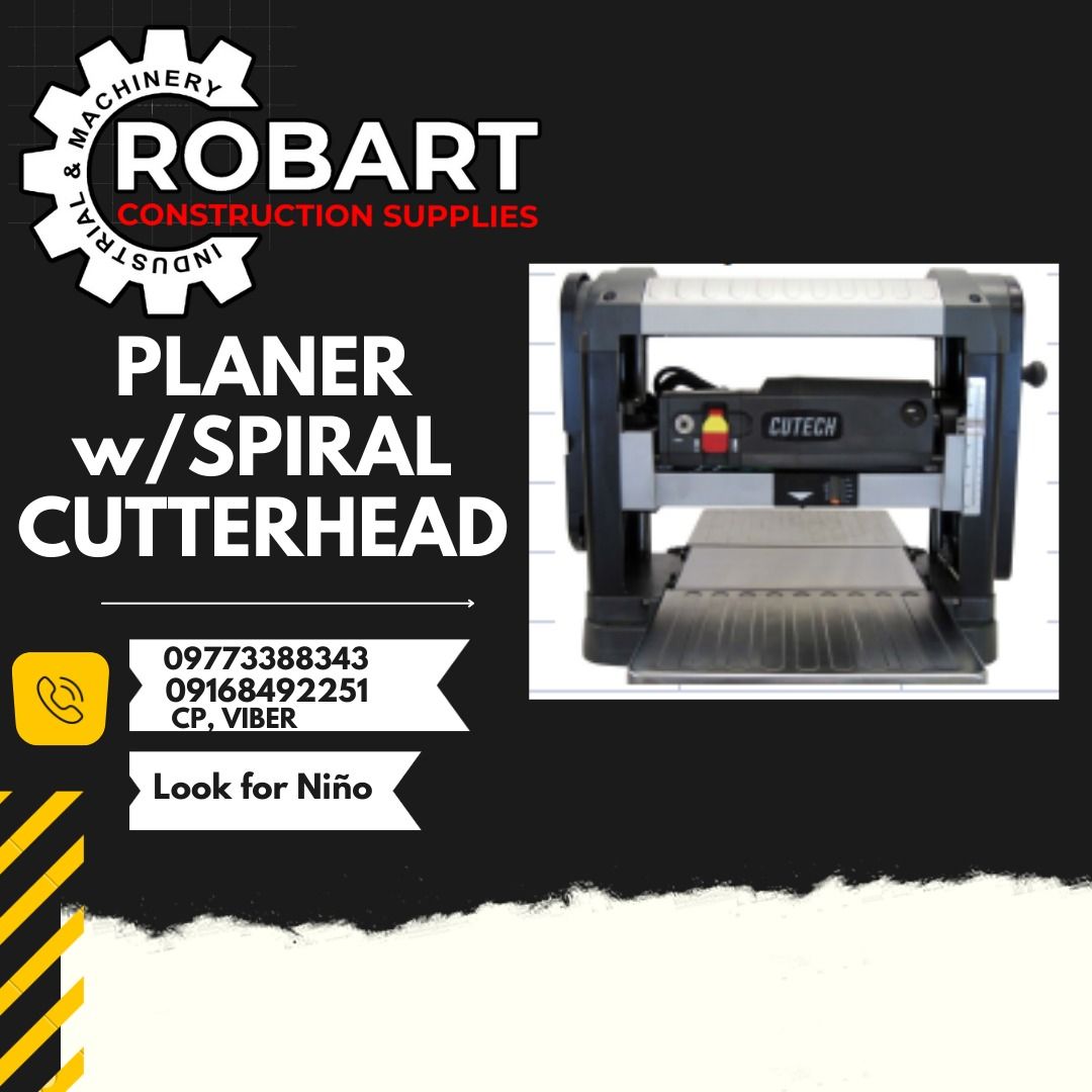 PLANER w/SPIRAL CUTTERHEAD (Category: Construction Tools & Equipment) located in Manila. Submitted by ninoparede24925 (Listing ID 1214539412, Image 1). Description: PLANER w/SPIRAL CUTTERHEAD Table 13" width x 9.4" 220 volts 60Hz, 7.5amp. 1PH Cutterhead Speed: 10,000rpm (no Load) Max. Thickness of stock: 6", Weight: 91.3lbs Max. Cut/pass 1/8" w/in 6" wide, 1/16" w/in 13" Cutter Insert qty. 26pcs. Extension Dimension: 14" x 12" model:40200H brand: