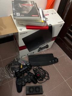 Playstation 3 controller , box, power plug, console stand,and connector to TV