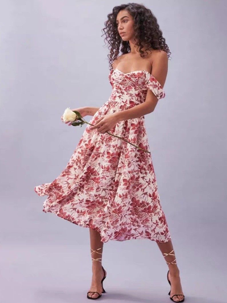 reformation violet off the shoulder dress Reformation 'Violet' Dress in Toile De Jouy Floral