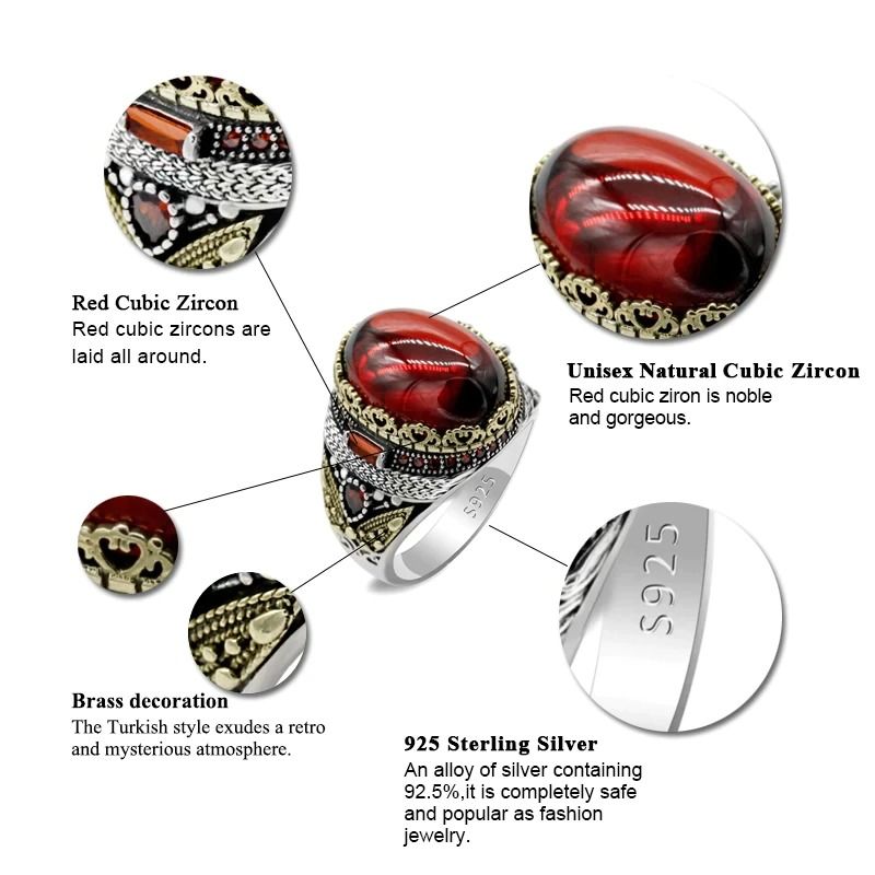 Ring Men Turkish 925 Sterling Silver Classic Red Color Zircon Stone Ring