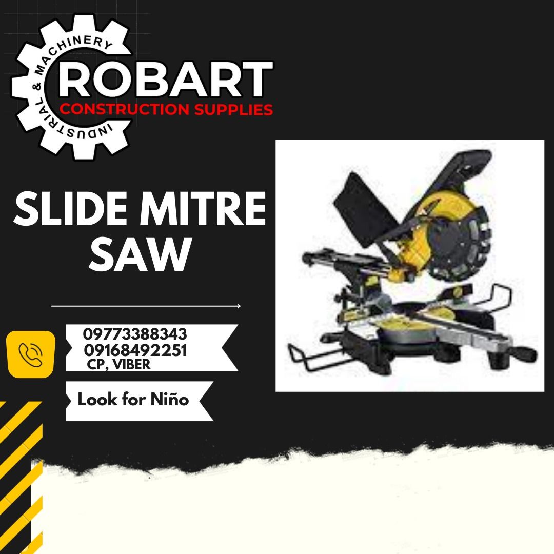 SLIDE MITRE SAW (Category: Construction Tools & Equipment) located in Manila. Submitted by ninoparede24925 (Listing ID 1214597514, Image 1). Description: SLIDE MITRE SAW Saw Blade size: 255mm Motor: 220 volts 60hz, 2000watts, 5500 rpm Italian Brand China made model:TR1025-DB brand:FEMI - - for faster transaction: look for:Niño Paredes call/text/viber:09168492251 :09773388343 or direct message #RobartConstructionSupplies #robartph #constructionmat