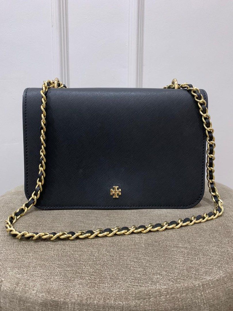 Tory Burch Emerson Adjustable Chain Shoulder Bag Black, Barang Mewah