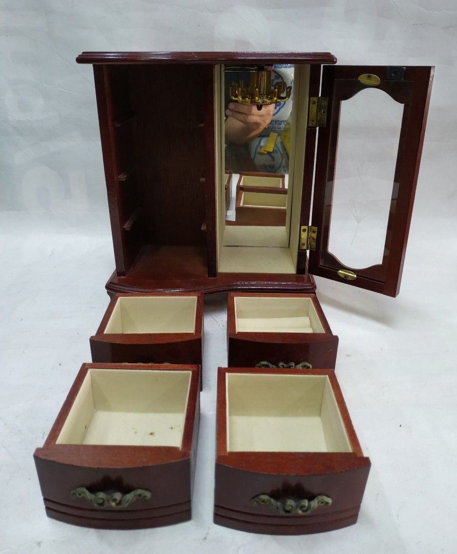 vintage jewelry box, etched glass door wooden jewelry armoire with 4
